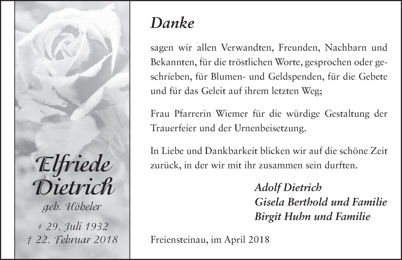  Traueranzeige für Elfriede Dietrich vom 20.04.2018 aus 