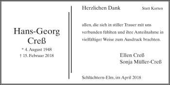 Traueranzeige von Hans-Georg Creß 