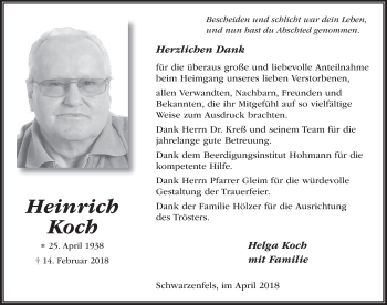 Traueranzeige von Heinrich Koch 