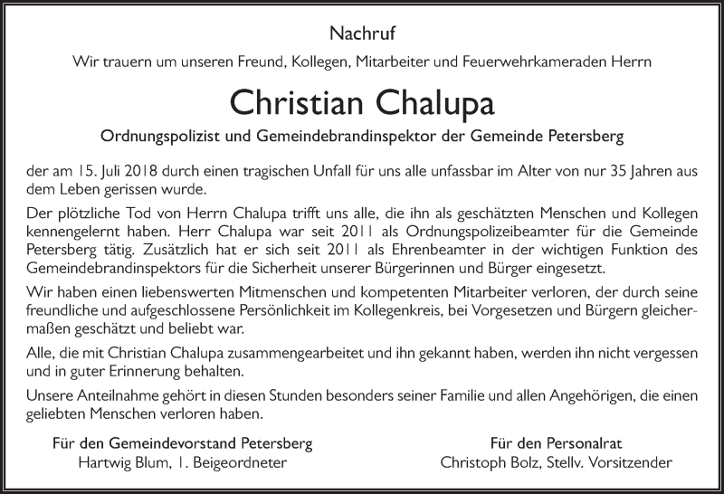  Traueranzeige für Christian Chalupa vom 20.07.2018 aus 