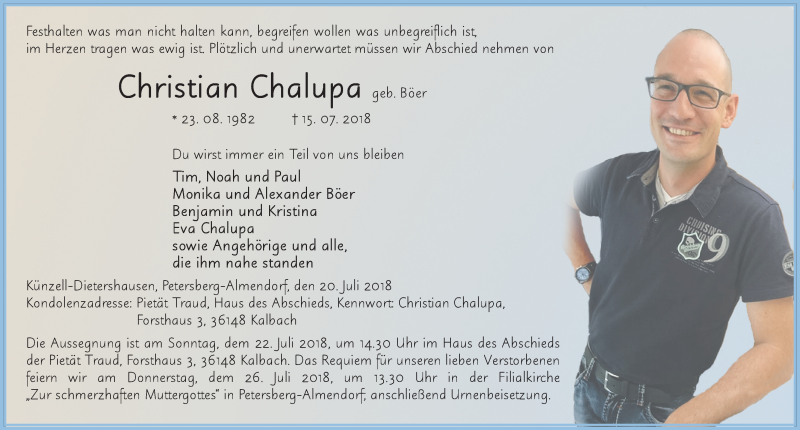  Traueranzeige für Christian Chalupa vom 20.07.2018 aus 
