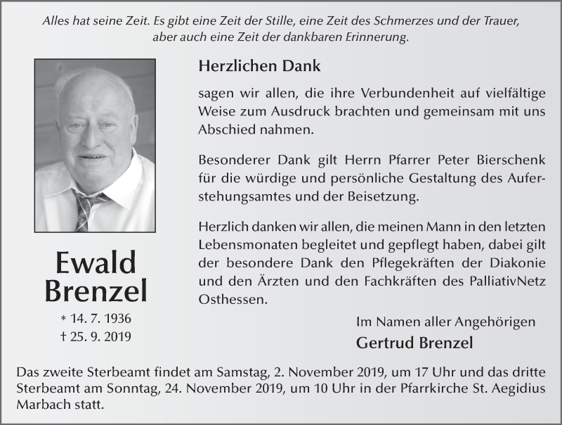  Traueranzeige für Ewald Brenzel vom 26.10.2019 aus FZ