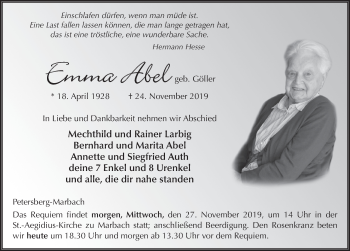 Traueranzeige von Emma Abel von FZ