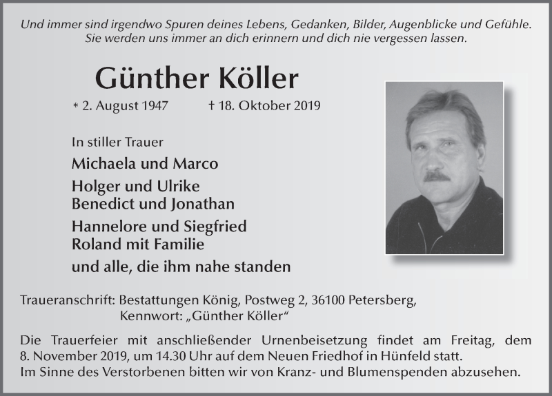  Traueranzeige für Günther Köller vom 01.11.2019 aus FZ