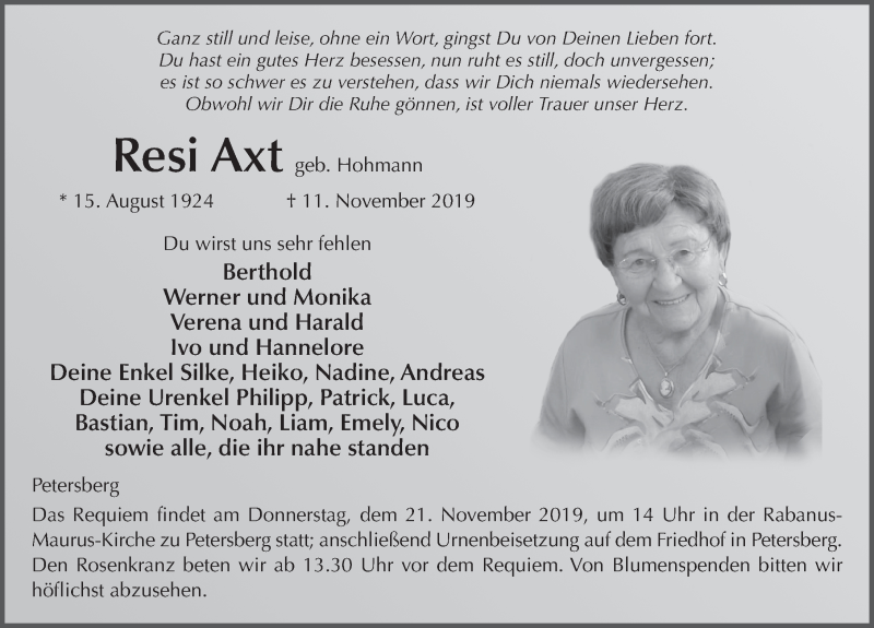  Traueranzeige für Resi Axt vom 16.11.2019 aus FZ