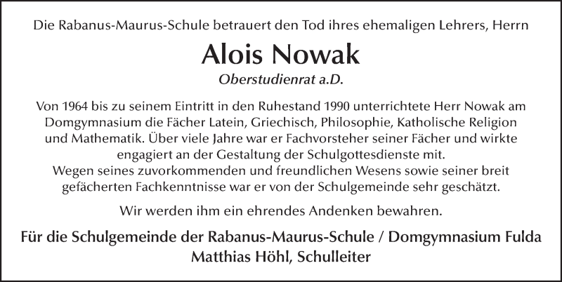  Traueranzeige für Alois Nowak vom 10.12.2019 aus FZ