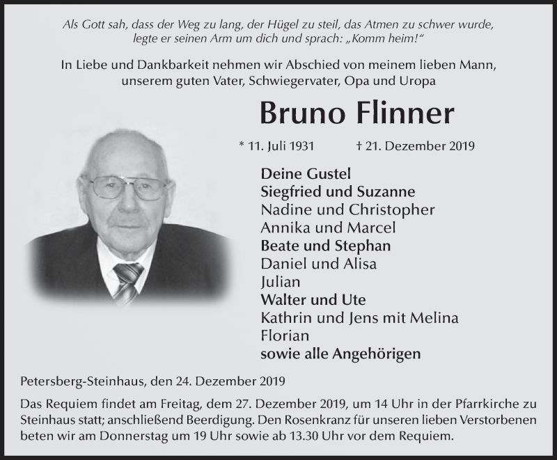  Traueranzeige für Bruno Flinner vom 24.12.2019 aus FZ