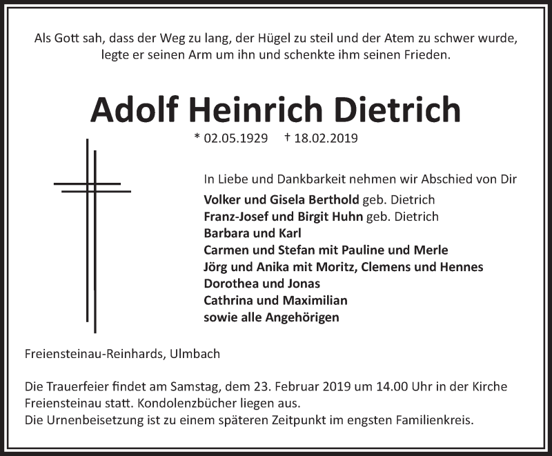  Traueranzeige für Adolf Heinrich Dietrich vom 21.02.2019 aus FZ
