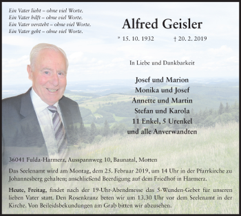 Traueranzeige von Alfred Geisler 