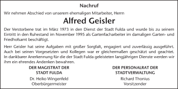 Traueranzeige von Alfred Geisler von FZ