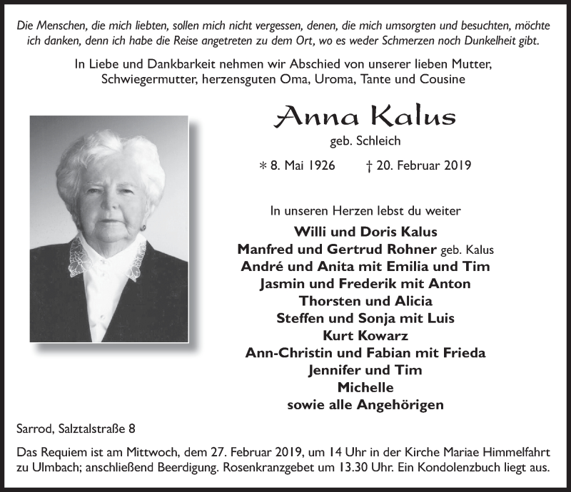  Traueranzeige für Anna Kalus vom 23.02.2019 aus FZ