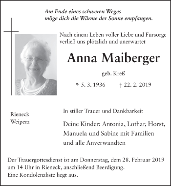 Traueranzeige von Anna Maiberger 