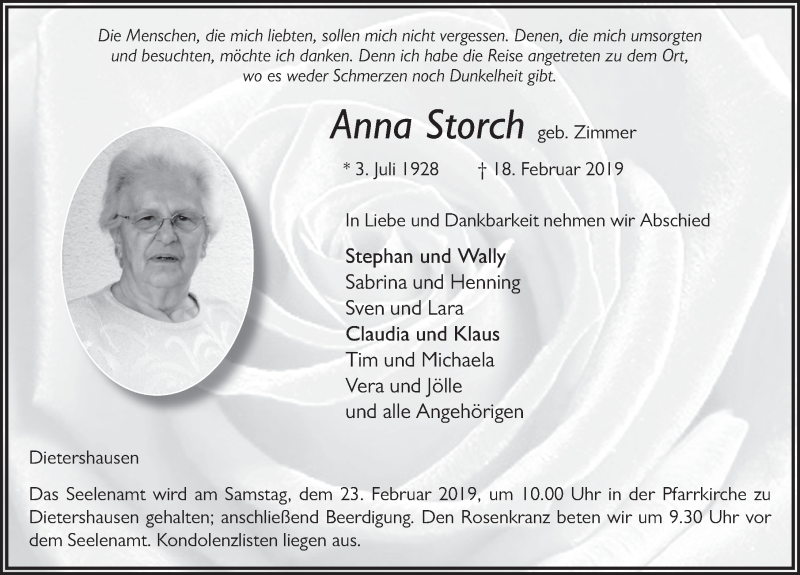  Traueranzeige für Anna Storch vom 21.02.2019 aus FZ