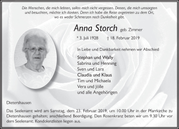 Traueranzeige von Anna Storch von FZ