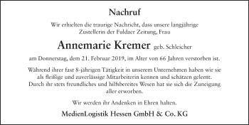 Traueranzeige von Annemarie Kremer von FZ