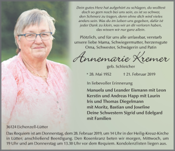 Traueranzeige von Annemarie Kremer 
