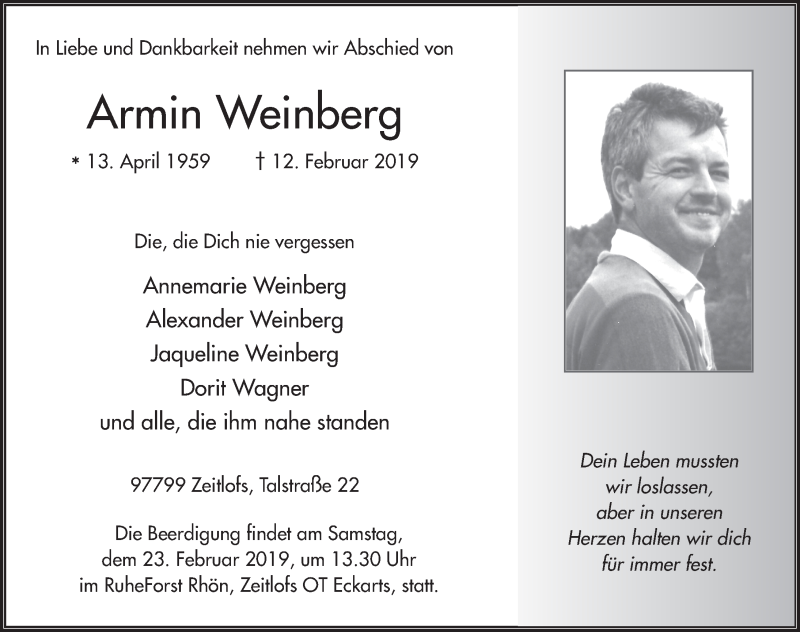  Traueranzeige für Armin Weinberg vom 16.02.2019 aus FZ