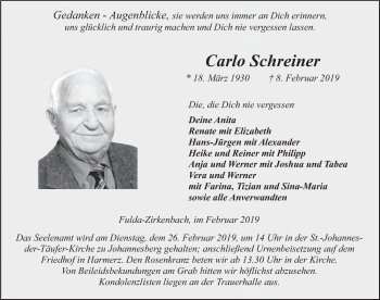 Traueranzeige von Carlo Schreiner von FZ