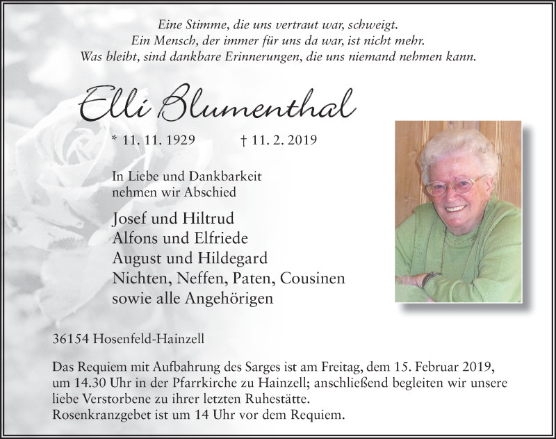  Traueranzeige für Elli Blumenthal vom 13.02.2019 aus FZ