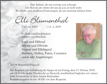 Traueranzeige von Elli Blumenthal von FZ