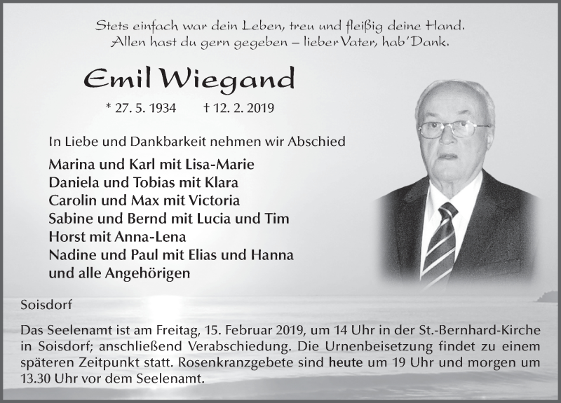  Traueranzeige für Emil Wiegand vom 14.02.2019 aus FZ