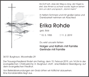 Traueranzeige von Erika Rohde von FZ