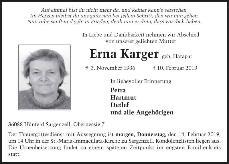 Traueranzeige für Erna Karger vom 13.02.2019 aus FZ
