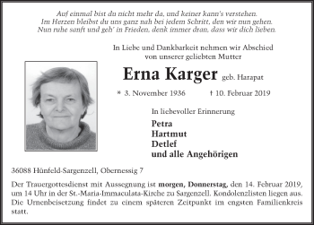 Traueranzeige von Erna Karger von FZ