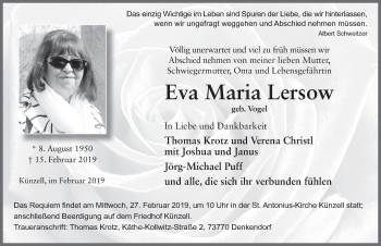Traueranzeige von Eva Maria Lersow von FZ