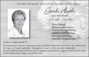 Traueranzeige von Gerdi Auth von FZ