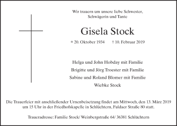 Traueranzeige von Gisela Stock von FZ