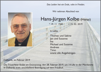 Traueranzeige von Hans-Jürgen Kolbe 