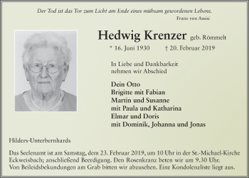 Traueranzeige von Hedwig Krenzer 