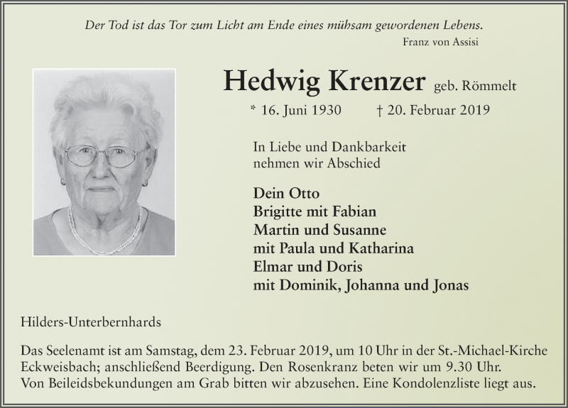  Traueranzeige für Hedwig Krenzer vom 22.02.2019 aus 