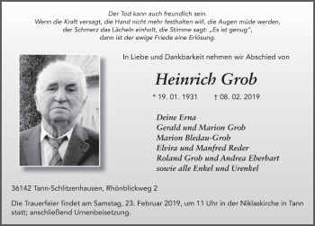 Traueranzeige von Heinrich Grob von FZ