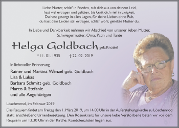 Traueranzeige von Helga Goldbach von FZ