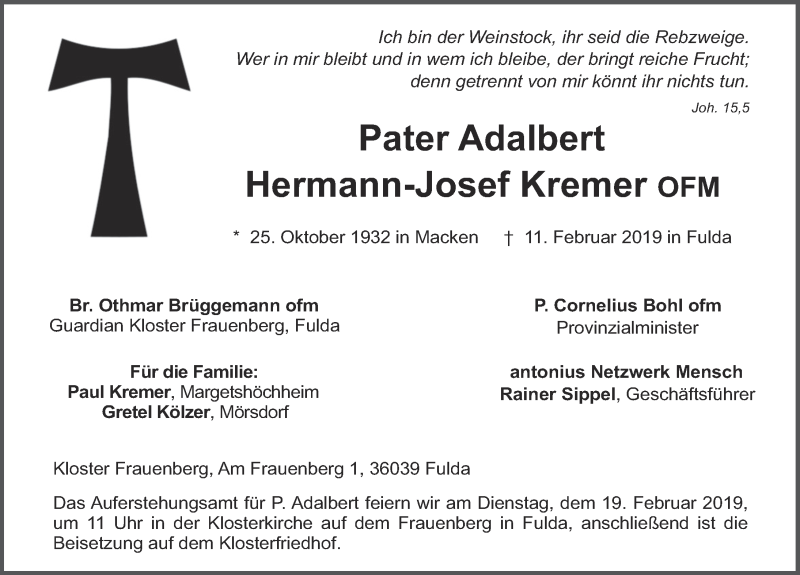 Traueranzeige für Hermann-Josef Kremer vom 16.02.2019 aus FZ