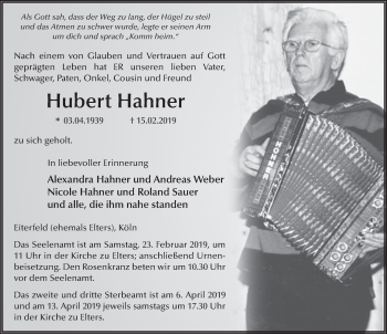 Traueranzeige von Hubert Hahner von FZ