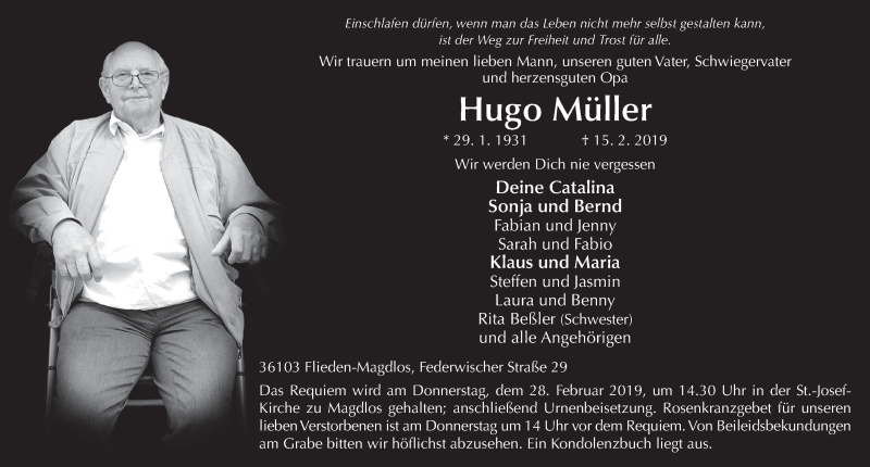  Traueranzeige für Hugo Müller vom 25.02.2019 aus 