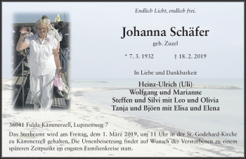 Traueranzeige von Johanna Schäfer 