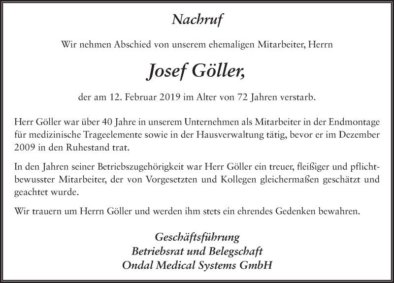  Traueranzeige für Josef Göller vom 26.02.2019 aus 