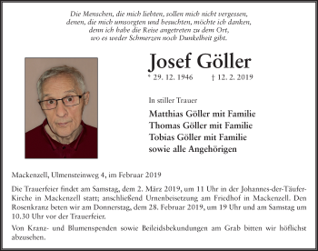 Traueranzeige von Josef Göller 