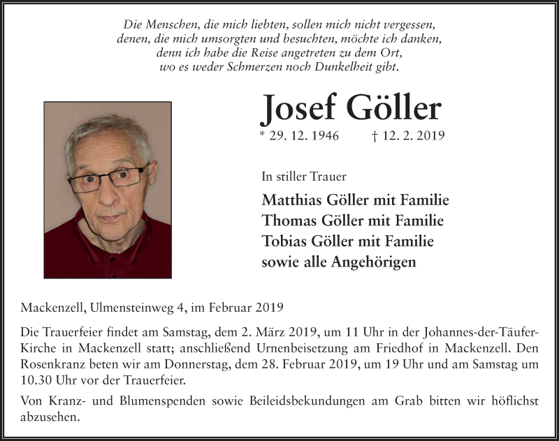  Traueranzeige für Josef Göller vom 26.02.2019 aus 
