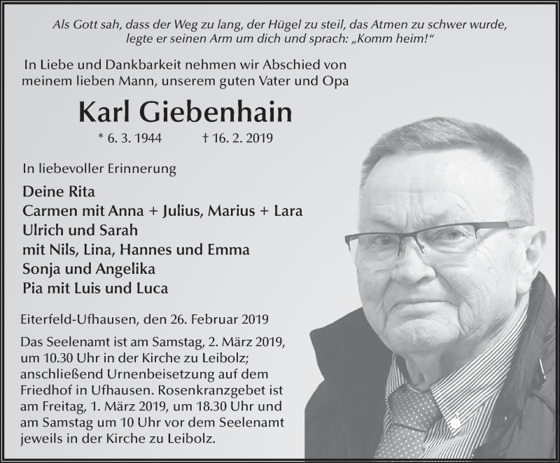  Traueranzeige für Karl Giebenhain vom 26.02.2019 aus 