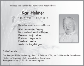 Traueranzeige von Karl Helmer von FZ
