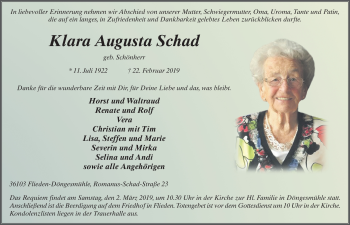 Traueranzeige von Klara Augusta Schad von FZ
