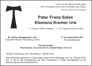 Traueranzeige von Klemens Kremer von FZ