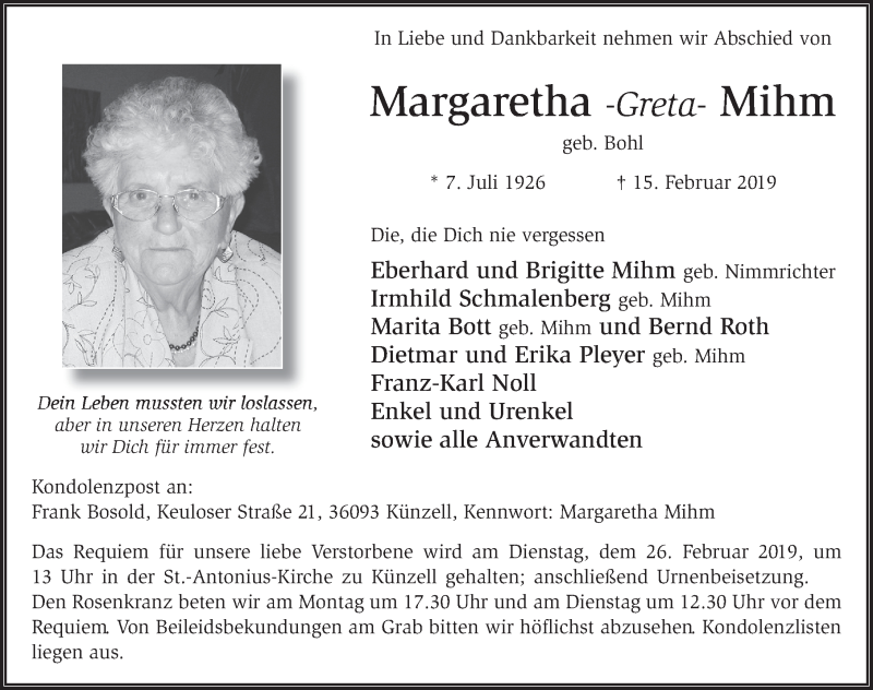  Traueranzeige für Margaretha Mihm vom 23.02.2019 aus FZ
