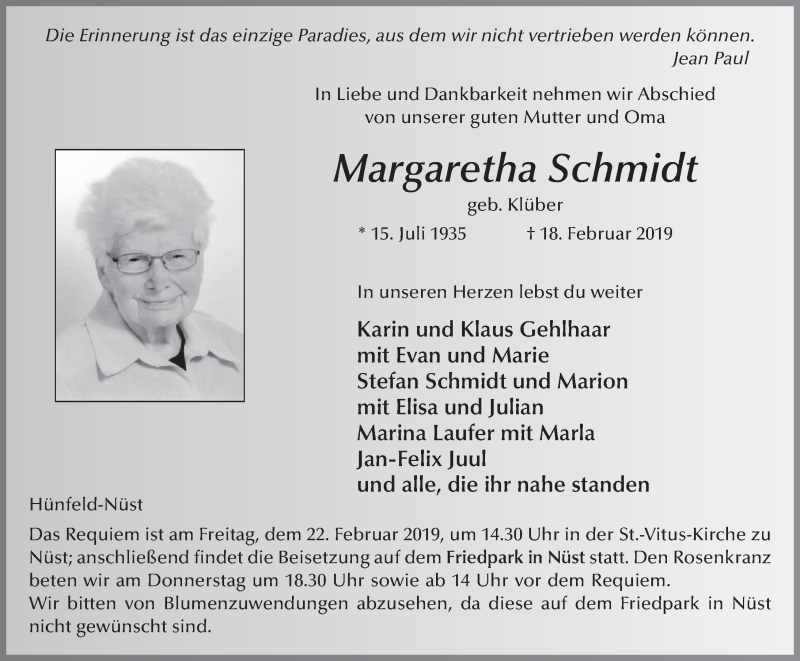  Traueranzeige für Margaretha Schmidt vom 20.02.2019 aus FZ