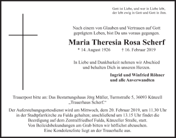 Traueranzeige von Maria Theresia Rosa Scherf von FZ